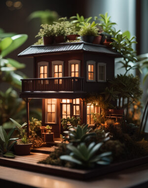 Miniature house with plants in the potted area, hyper realism, dramatic ambient lighting, high detail