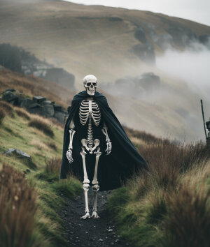 Skeleton man going on an adventure in the foggy hills of Ireland wearing a cape