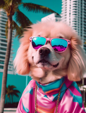 Shot of Vaporwave fashion dog in miami